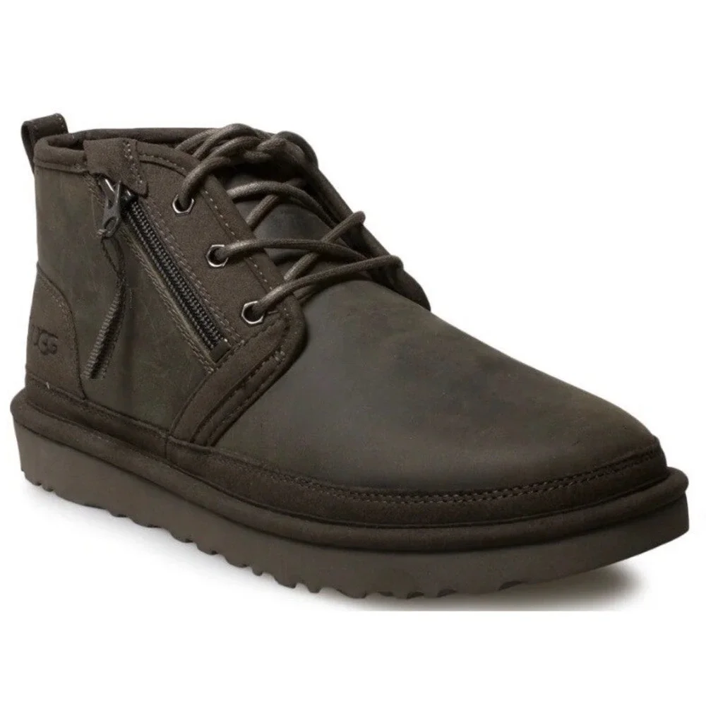 UGG Neumel Zip Chukka Boots Mens Size 6 Grey Leather Side Zip Fur‎ Lined Unisex